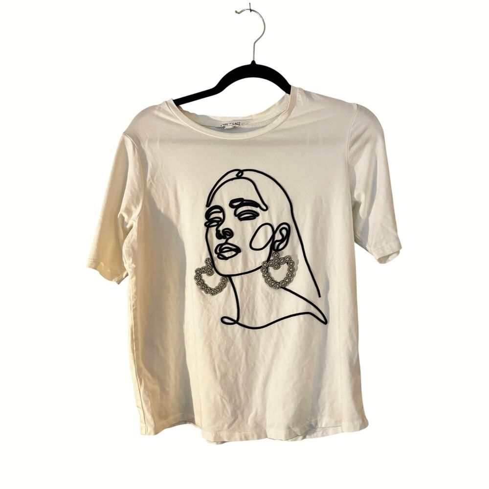 Love & Lace White Embroidered T-shirt Small Boxy Fit Rhinestone Accents Artsy
